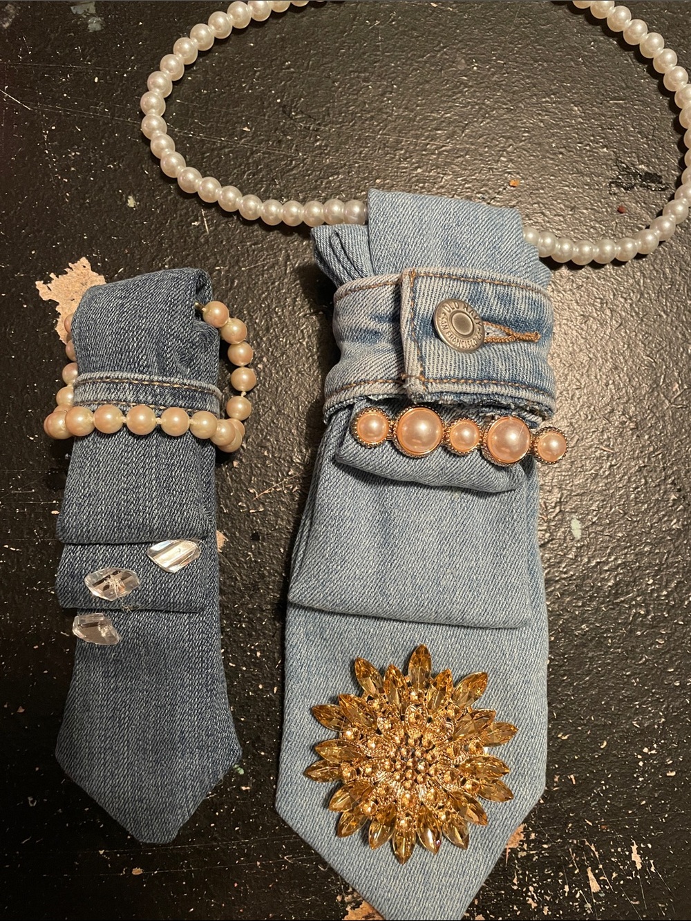 Pearl & Gold Sunburst Denim Hair Clips — Light Blue and Pink Pearl Accents